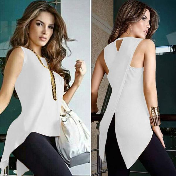 women's t-shirt women sleeveless irregular hem backless slim fit casual for summer ser88, White
women's t-shirt women sleeveless irregular hem backless slim fit casual for summer ser88, White