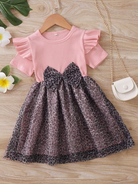 little girl's leopard print ruffle front bow dress she, Red;yellow