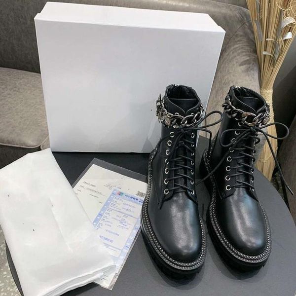 boots luxury fashion brands women shoes chains ankle biker botas de mujer lace up sapatos femininos leather chaussure femme, Black