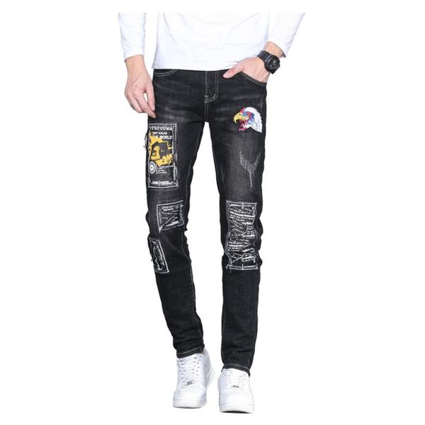 men's jeans men eagle hawk embroidery stretch denim trendy holes patchwork ripped pants slim pencil trousers, Blue
men's jeans men eagle hawk embroidery stretch denim trendy holes patchwork ripped pants slim pencil trousers, Blue