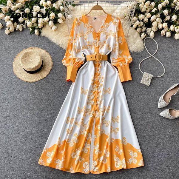 casual dresses elegant chic print yellow ankle-length dress spring and autumn women's v-neck lantern sleeve single breasted vintage max, Black;gray
casual dresses elegant chic print yellow ankle-length dress spring and autumn women's v-neck lantern sleeve single breasted vintage max, Black;gray