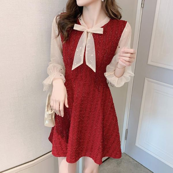 casual dresses bowknot net yarn stitching sequined lotus leaf sleeve dress 2021 autumn winter formal party, Black;gray
casual dresses bowknot net yarn stitching sequined lotus leaf sleeve dress 2021 autumn winter formal party, Black;gray