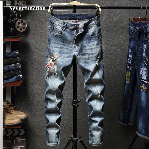 jeans men ripped fashion embroidery skinny biker man motorcycle streetwear slim fit holes joggers denim trousers, Blue