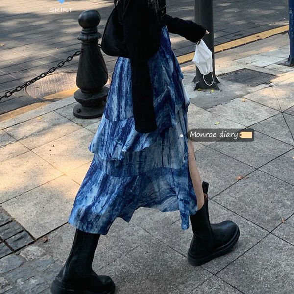 skirts tie-dye asymmetric women's loose high waist long skirt fashion yb87, Black