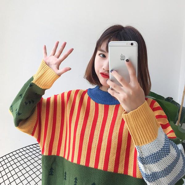women's sweaters korean style geometric patten colorful stripes christmas tree print soft knitted long-sleeved sweater, White;black
women's sweaters korean style geometric patten colorful stripes christmas tree print soft knitted long-sleeved sweater, White;black