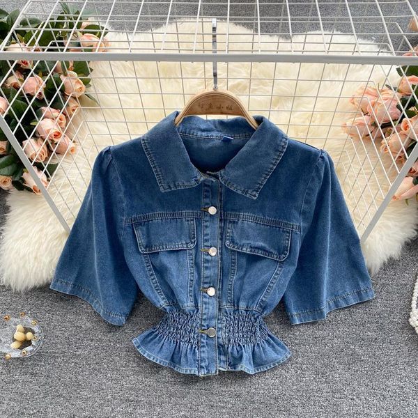 women's blouses & shirts singreiny women retro denim blouse turndown-collar single breasted elastic ruched summer korean streetwear sh, White
women's blouses & shirts singreiny women retro denim blouse turndown-collar single breasted elastic ruched summer korean streetwear sh, White