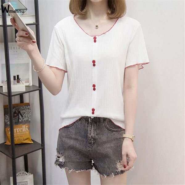 women's t-shirt button patchwork knitted tee plus size v-neck short sleeve elastic women korean fashion summer knitwear female, White
women's t-shirt button patchwork knitted tee plus size v-neck short sleeve elastic women korean fashion summer knitwear female, White