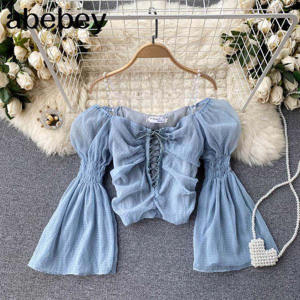 design off shoulder strap blouse women backless puff sleeve slim party summer korean streetwear short blouse 210715, White
design off shoulder strap blouse women backless puff sleeve slim party summer korean streetwear short blouse 210715, White