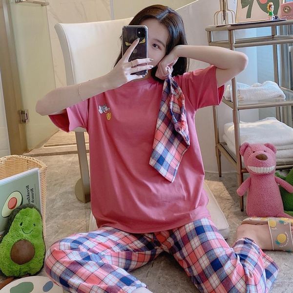 women pure cotton pajams summer short-sleeved plaid trousers three-piece suit home wear simplicity pajama sets women's sleepwear, Black;red
women pure cotton pajams summer short-sleeved plaid trousers three-piece suit home wear simplicity pajama sets women's sleepwear, Black;red