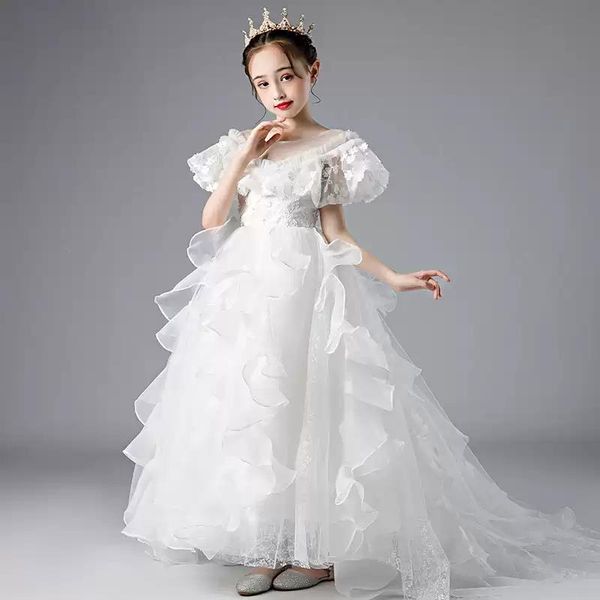 flower girl dresses illusion short v-neck luxury white princess floor-length tulle lace embroidery elegant kids party gown h413 girl's, Red;yellow