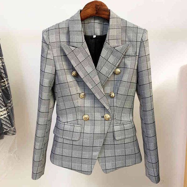 high street est designer jacket women's classic plaid slim fitting double breasted lion buttons blazer 210521, White;black
high street est designer jacket women's classic plaid slim fitting double breasted lion buttons blazer 210521, White;black