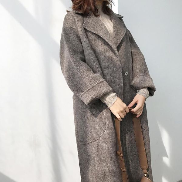 women's wool & blends korean plaid cashmere thickened coat 2021 winter medium length 100% double-sided tweed loose, Black
women's wool & blends korean plaid cashmere thickened coat 2021 winter medium length 100% double-sided tweed loose, Black