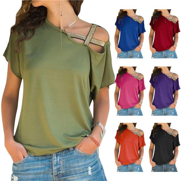 women's t-shirt casual fashion oblique shoulder cross irregular short sleeve women, White
women's t-shirt casual fashion oblique shoulder cross irregular short sleeve women, White