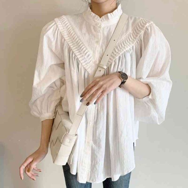 Elegant Shirt Korean Chic Wooden Ears Stand-up Collar Pleated Design Loose Lantern Sleeves Single Breast Female Blouse, White 
Elegant Shirt Korean Chic Wooden Ears Stand-up Collar Pleated Design Loose Lantern Sleeves Single Breast Female Blouse, White