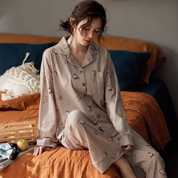 women's sleepwear selling autumn new ladies full cotton pajama set cute kitty print women turn-down collar japanese simple sty, Black;red
women's sleepwear selling autumn new ladies full cotton pajama set cute kitty print women turn-down collar japanese simple sty, Black;red