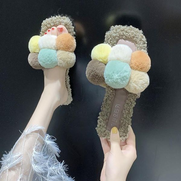 multicolor pompon fur slides ladies shoes flip flops cozy furry pantoufles mixed color bobbles woolen slippers women 2021, Black
multicolor pompon fur slides ladies shoes flip flops cozy furry pantoufles mixed color bobbles woolen slippers women 2021, Black