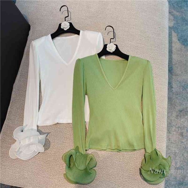 t shirt women's spring and summer korean style sweet ruffled cuff v-neck long sleeve knitted t-shirt ropa mujer, White
t shirt women's spring and summer korean style sweet ruffled cuff v-neck long sleeve knitted t-shirt ropa mujer, White