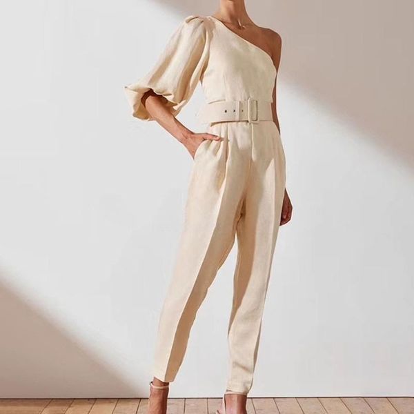 women's jumpsuits & rompers designer summer one shoulder puff sleeve romper women high waist solid long jumpsuit belt female casual ove, Black;white
women's jumpsuits & rompers designer summer one shoulder puff sleeve romper women high waist solid long jumpsuit belt female casual ove, Black;white