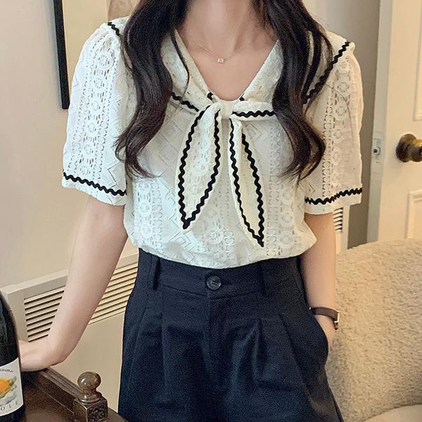 women's blouses & shirts korean chic summer french gentle navy tie lace hollow crochet loose short-sleeved shirt women, White
women's blouses & shirts korean chic summer french gentle navy tie lace hollow crochet loose short-sleeved shirt women, White