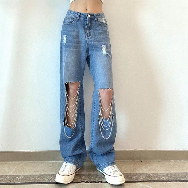 women's jeans pants fashion trend retro casual high waist street hollow hole chain loose personality straight trousers 2021 y2k, Blue
women's jeans pants fashion trend retro casual high waist street hollow hole chain loose personality straight trousers 2021 y2k, Blue