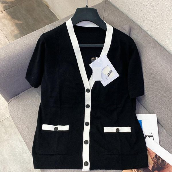 women's knits & tees 2021 vintage black panelled white edge soft elegant thin cardigan women v-neck button short sleeve sweater
women's knits & tees 2021 vintage black panelled white edge soft elegant thin cardigan women v-neck button short sleeve sweater