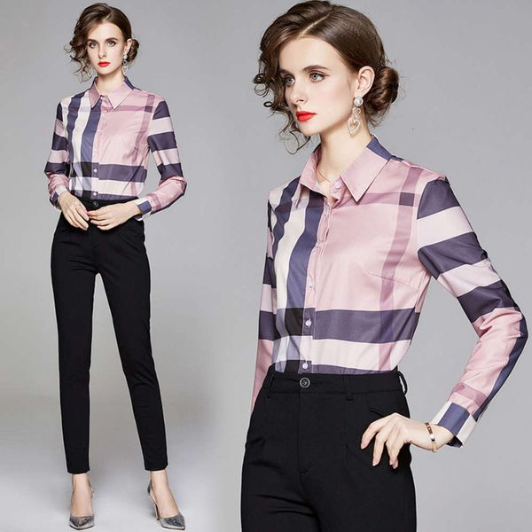 autumn women's fashion all match waist slim printed plaid shirt, White