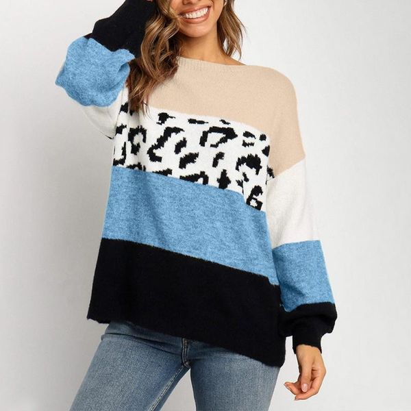 women leopard print color-blocking sweater autumn striped patchwork o-neck long sleeve knitted pullover#g30 women's sweaters, White;black 
women leopard print color-blocking sweater autumn striped patchwork o-neck long sleeve knitted pullover#g30 women's sweaters, White;black