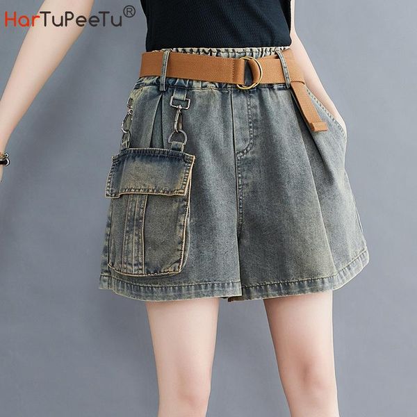women's jeans wide leg denim shorts women casual mom high waist with belt big pockets vintage plus size korean style 2021 summer, Blue 
women's jeans wide leg denim shorts women casual mom high waist with belt big pockets vintage plus size korean style 2021 summer, Blue