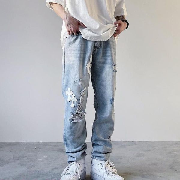 men's jeans western style high street cross sticking cloth ripped men fashion pencil pants ins slim chic jean trousers, Blue
men's jeans western style high street cross sticking cloth ripped men fashion pencil pants ins slim chic jean trousers, Blue