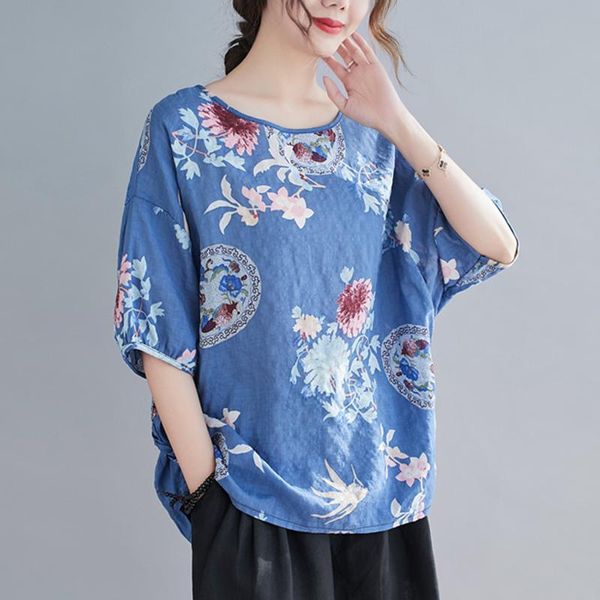 national style floral printed womens t shirt o-neck pullover all-match blue cotton and linen tees shirts comfortable cloth women's t-s, White
national style floral printed womens t shirt o-neck pullover all-match blue cotton and linen tees shirts comfortable cloth women's t-s, White