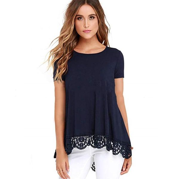 women's t-shirt solid color round neck short sleeve lace stitching loose casual top, White
women's t-shirt solid color round neck short sleeve lace stitching loose casual top, White