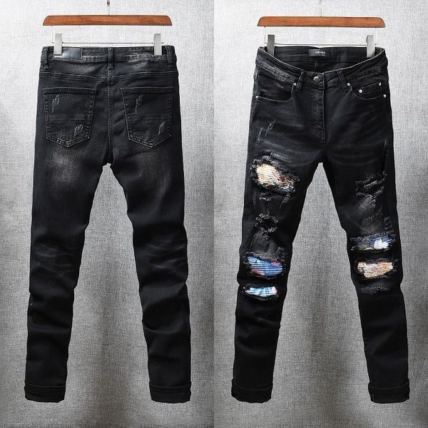 660 new high street fashion brand am black hole personalized patch jeans men's elastic slim leggings, Blue
660 new high street fashion brand am black hole personalized patch jeans men's elastic slim leggings, Blue