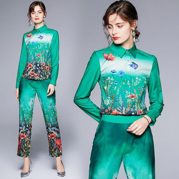 women's two piece pants england style green fashion design print spring/autumn summer women single breasted shirt+long pant matching se, White
women's two piece pants england style green fashion design print spring/autumn summer women single breasted shirt+long pant matching se, White