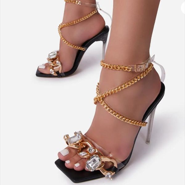 sandals vogue golden chain super high stiletto prom wedding heels summer luxury snake pattern heel female, Black 
sandals vogue golden chain super high stiletto prom wedding heels summer luxury snake pattern heel female, Black