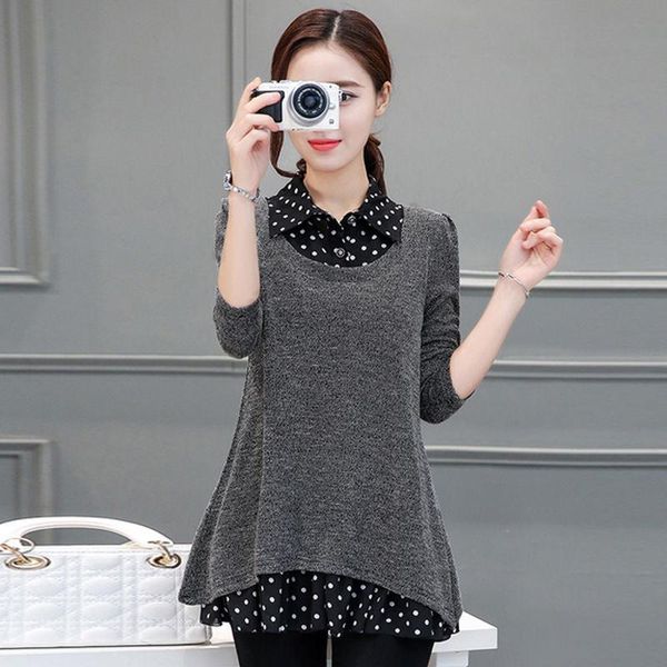 women's t-shirt dot shirt turndown collar fake two pieces knitted pullovers women patchwork knitwear casual loose spring sweater femme, White
women's t-shirt dot shirt turndown collar fake two pieces knitted pullovers women patchwork knitwear casual loose spring sweater femme, White
