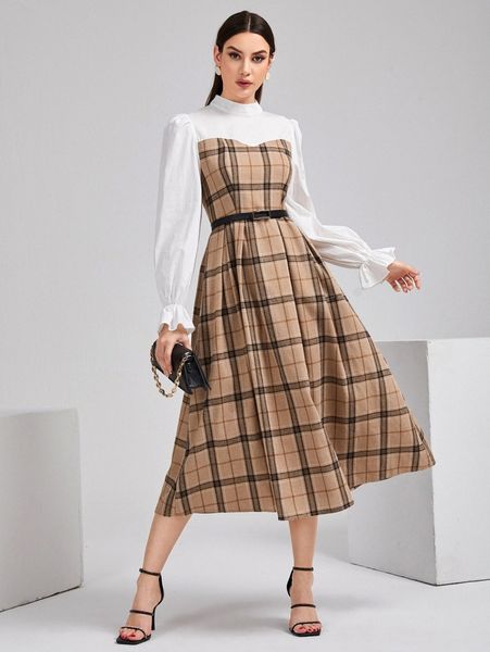 plaid flounce sleeve mock neck fold pleated hem dress without belt 00r1#, Black;gray
plaid flounce sleeve mock neck fold pleated hem dress without belt 00r1#, Black;gray