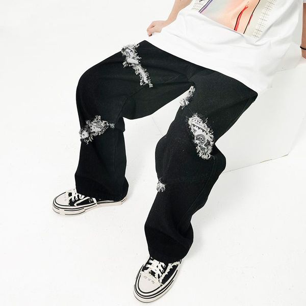 men's jeans hole cashew print patchwork straight retro denim trousers for men and women harajuku high street oversize baggy pants, Blue
men's jeans hole cashew print patchwork straight retro denim trousers for men and women harajuku high street oversize baggy pants, Blue