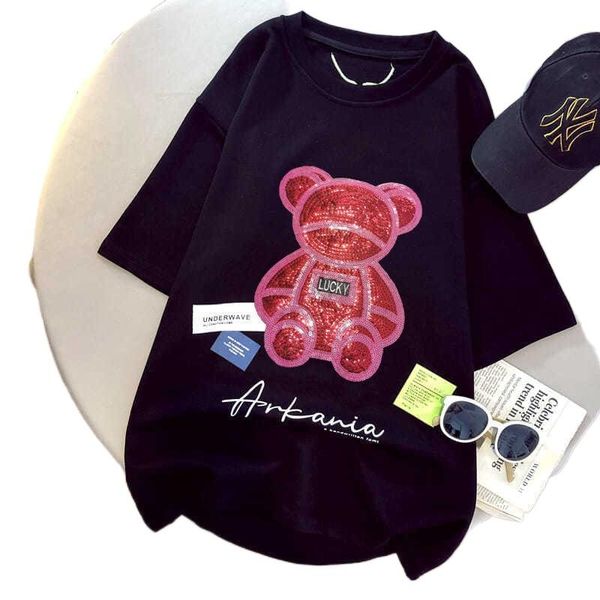 women's t-shirt net red sequined bear mid-length short-sleeved female 2021 summer korean cartoon loose casual all-match for women, White
women's t-shirt net red sequined bear mid-length short-sleeved female 2021 summer korean cartoon loose casual all-match for women, White