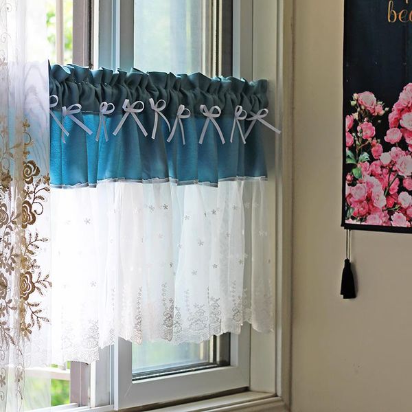 short kitchen curtain blue fabric and embroidered white tulle splicing coffee pastoral sheer curtains with bow-knots & drapes
short kitchen curtain blue fabric and embroidered white tulle splicing coffee pastoral sheer curtains with bow-knots & drapes