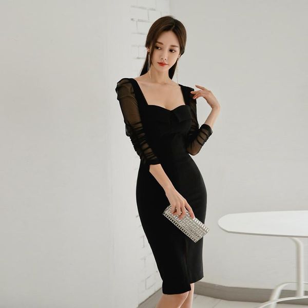 casual dresses black formal tight dress one piece korean ladies summer half sleeve lace square neck office party for women, Black;gray 
casual dresses black formal tight dress one piece korean ladies summer half sleeve lace square neck office party for women, Black;gray