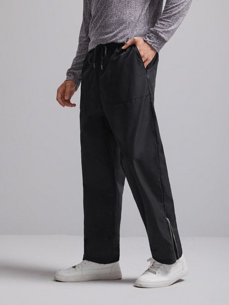 men solid drawstring waist pants h8go#, Black