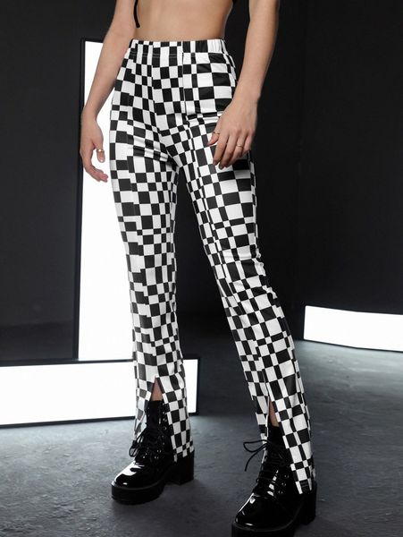 plaid split hem pants j2pc#, Black;white