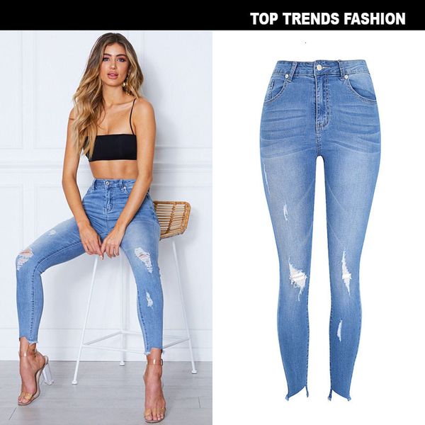 women's high waist slim fit elastic washing, breaking irregular foot edges, autumn style, Blue
women's high waist slim fit elastic washing, breaking irregular foot edges, autumn style, Blue