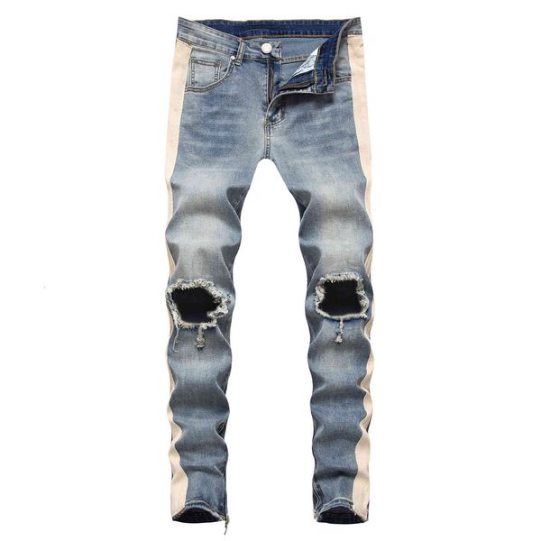 fashion jeans men's with white stripe, big damage to knee, worn-out slim side zipper and small leg, Blue
fashion jeans men's with white stripe, big damage to knee, worn-out slim side zipper and small leg, Blue