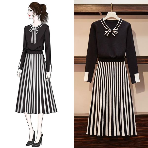 two piece dress women autumn winter elegant vintage knit skirts sets plus size set suit bow sweater and pleated striped skirt outfit, White
two piece dress women autumn winter elegant vintage knit skirts sets plus size set suit bow sweater and pleated striped skirt outfit, White