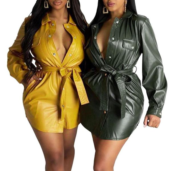 casual dresses fashion pu leather dress womens long sleeve solid color snap open short with belt party clubwear, Black;gray
casual dresses fashion pu leather dress womens long sleeve solid color snap open short with belt party clubwear, Black;gray