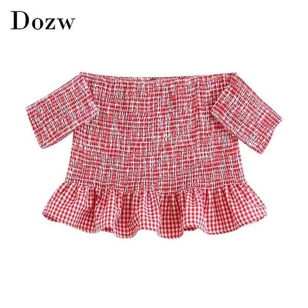 women off shoulder and blouses stylish plaid ruffles shirt female short sleeve bodycon crop blusas 210515, White
women off shoulder and blouses stylish plaid ruffles shirt female short sleeve bodycon crop blusas 210515, White