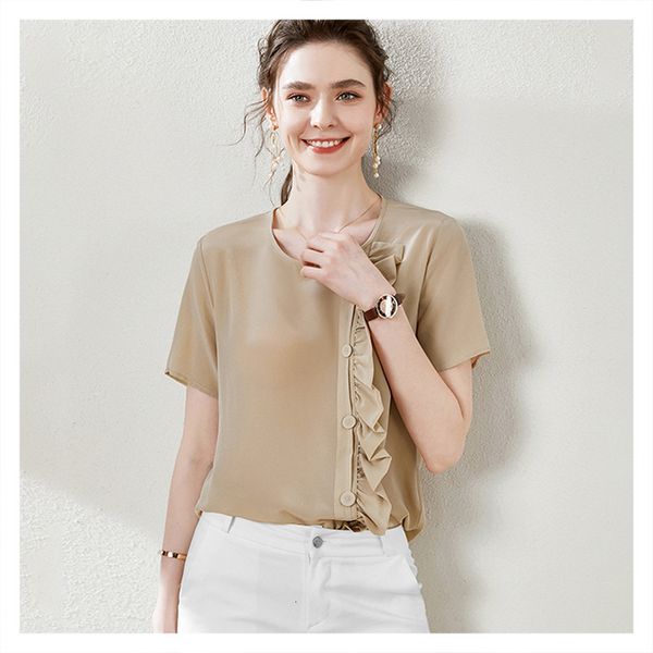 blouses lace buckle round neck short sleeve loose pure color silk shirt women's 2021 fashion style, White
blouses lace buckle round neck short sleeve loose pure color silk shirt women's 2021 fashion style, White