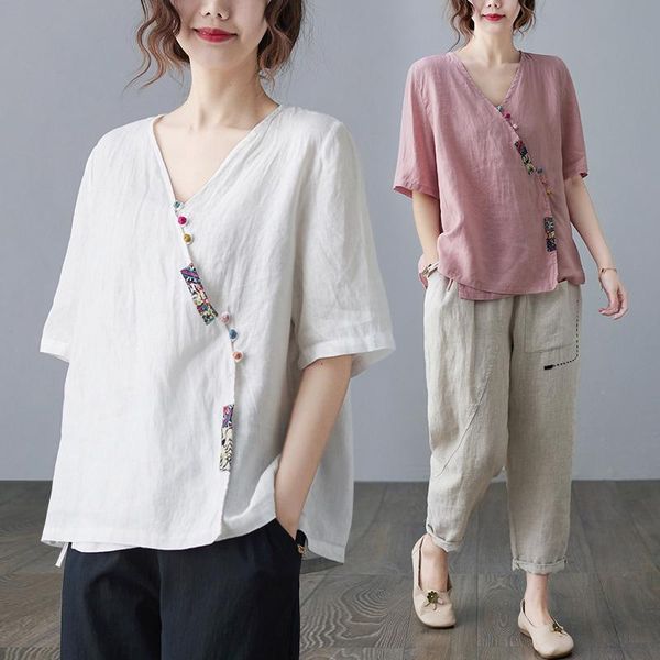 women's blouses & shirts size clothing xia pangmei thin literature and art slant front v-neck short sleeve casual cotton linen shirt, White
women's blouses & shirts size clothing xia pangmei thin literature and art slant front v-neck short sleeve casual cotton linen shirt, White