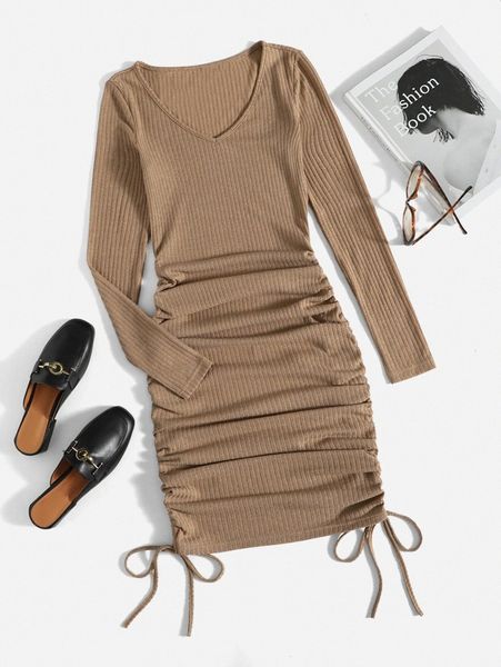 drawstring side ribbed knit dress p2pg#, Black;gray
drawstring side ribbed knit dress p2pg#, Black;gray
